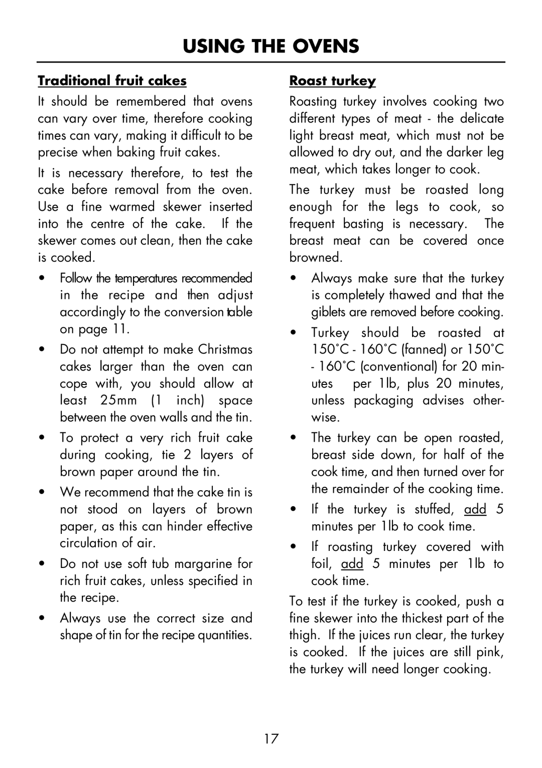 Glen Dimplex Home Appliances Ltd FS 60 DO DF manual Traditional fruit cakes, Roast turkey 