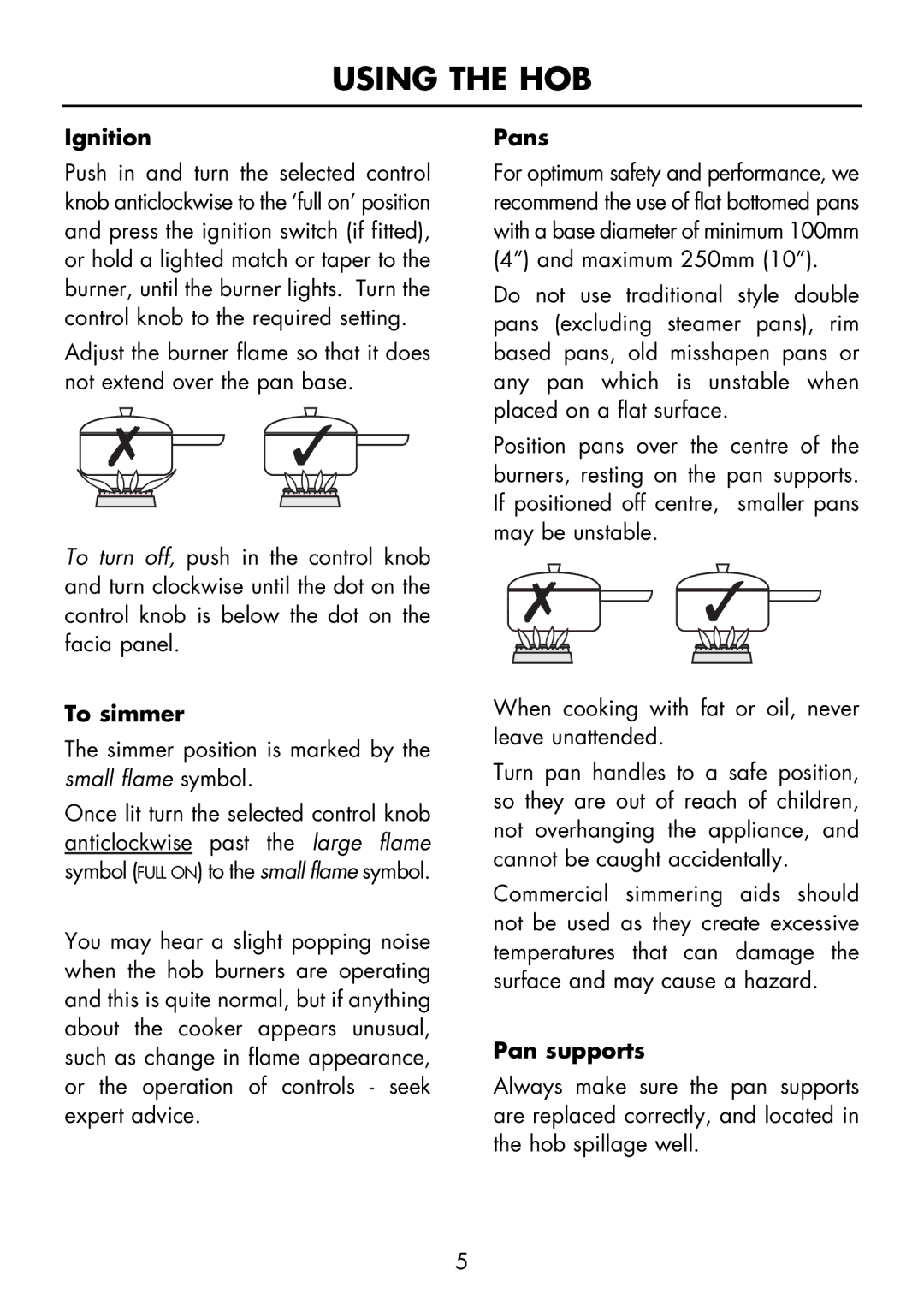 Glen Dimplex Home Appliances Ltd FS 60 DO DF manual Using the HOB, Ignition, To simmer, Pans, Pan supports 