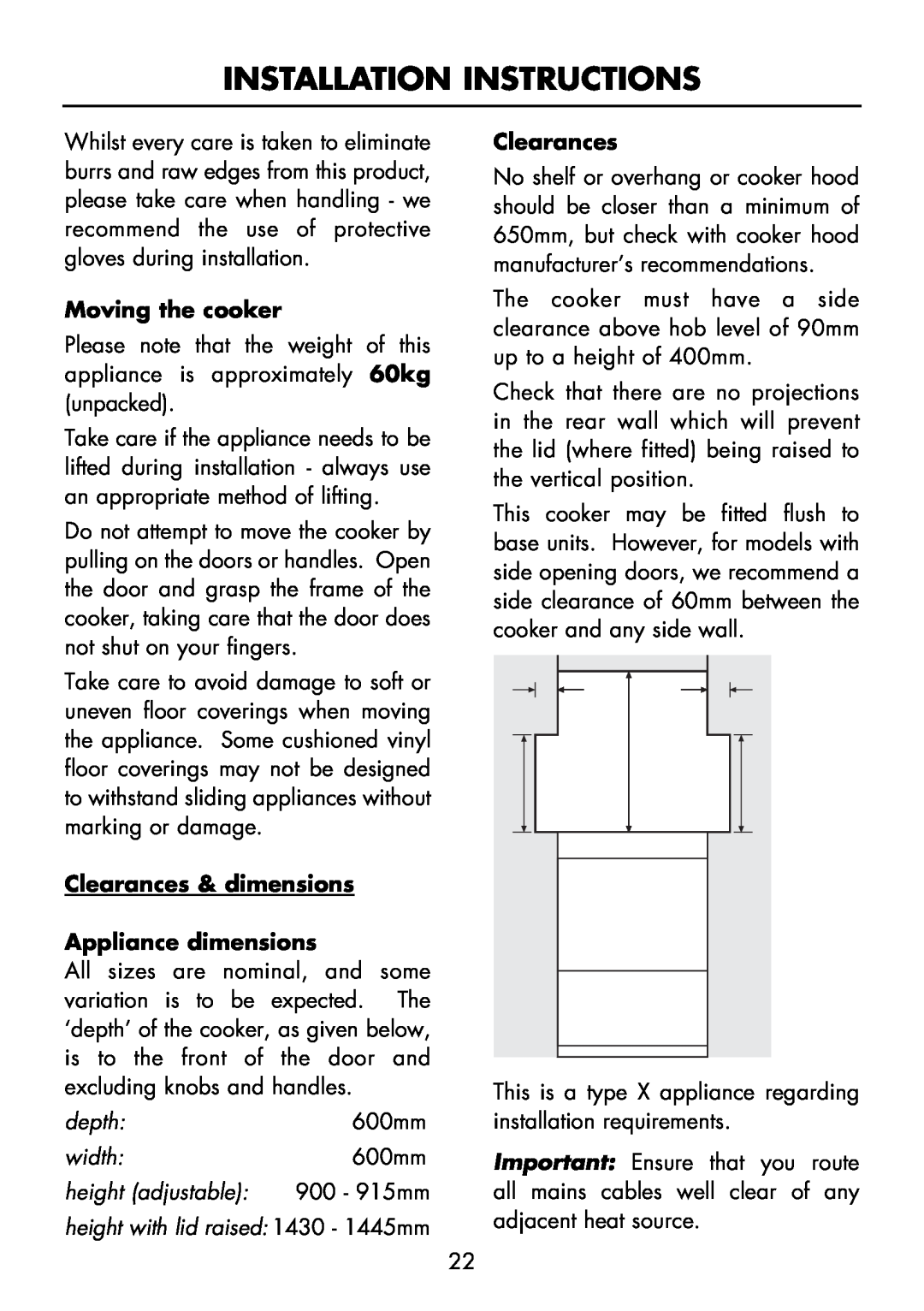 Glen Dimplex Home Appliances Ltd FS 60 DO DF manual Clearances & dimensions Appliance dimensions, Installation Instructions 
