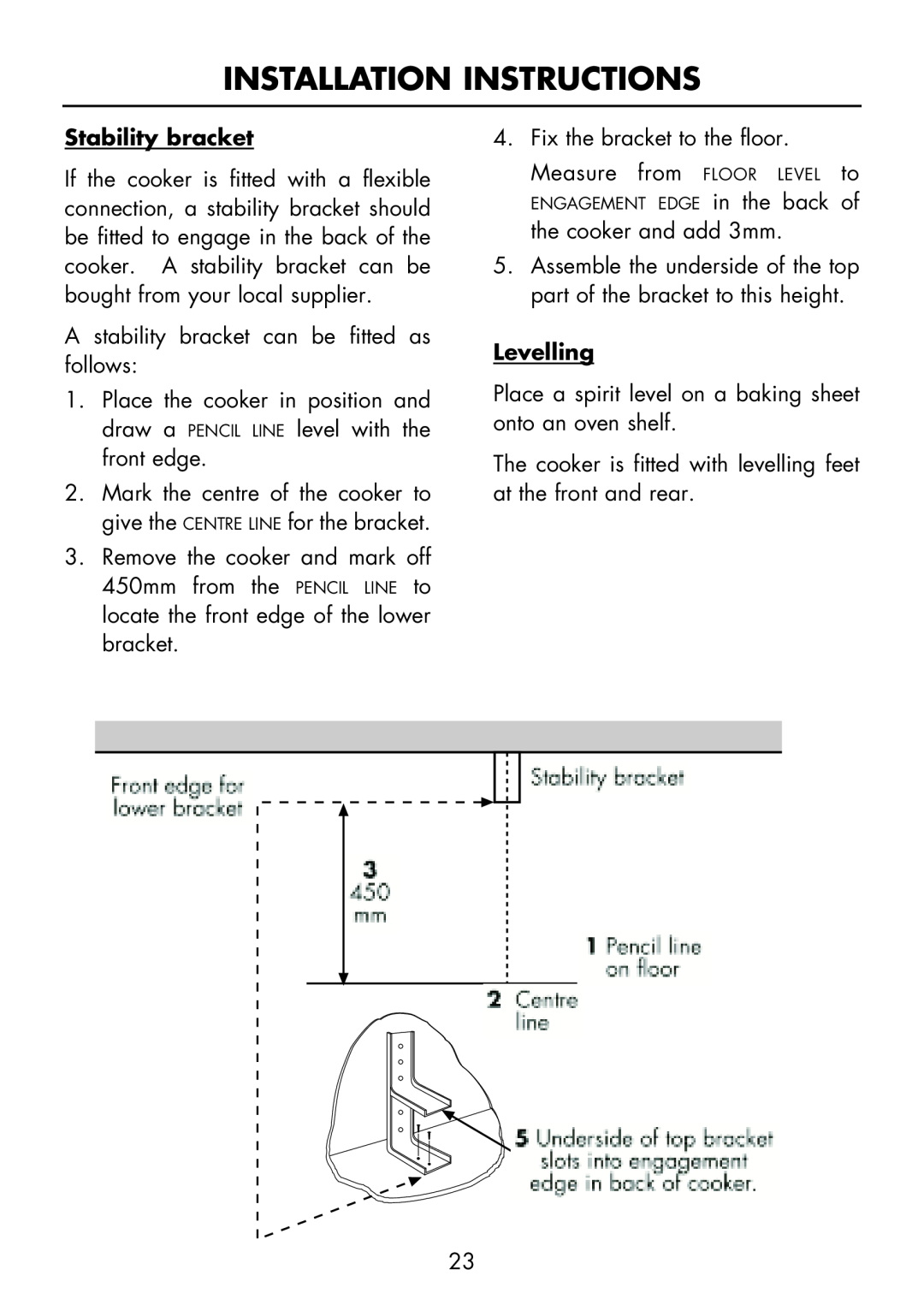 Glen Dimplex Home Appliances Ltd FS 60 DO DF manual Levelling, Installation Instructions, Stability bracket 