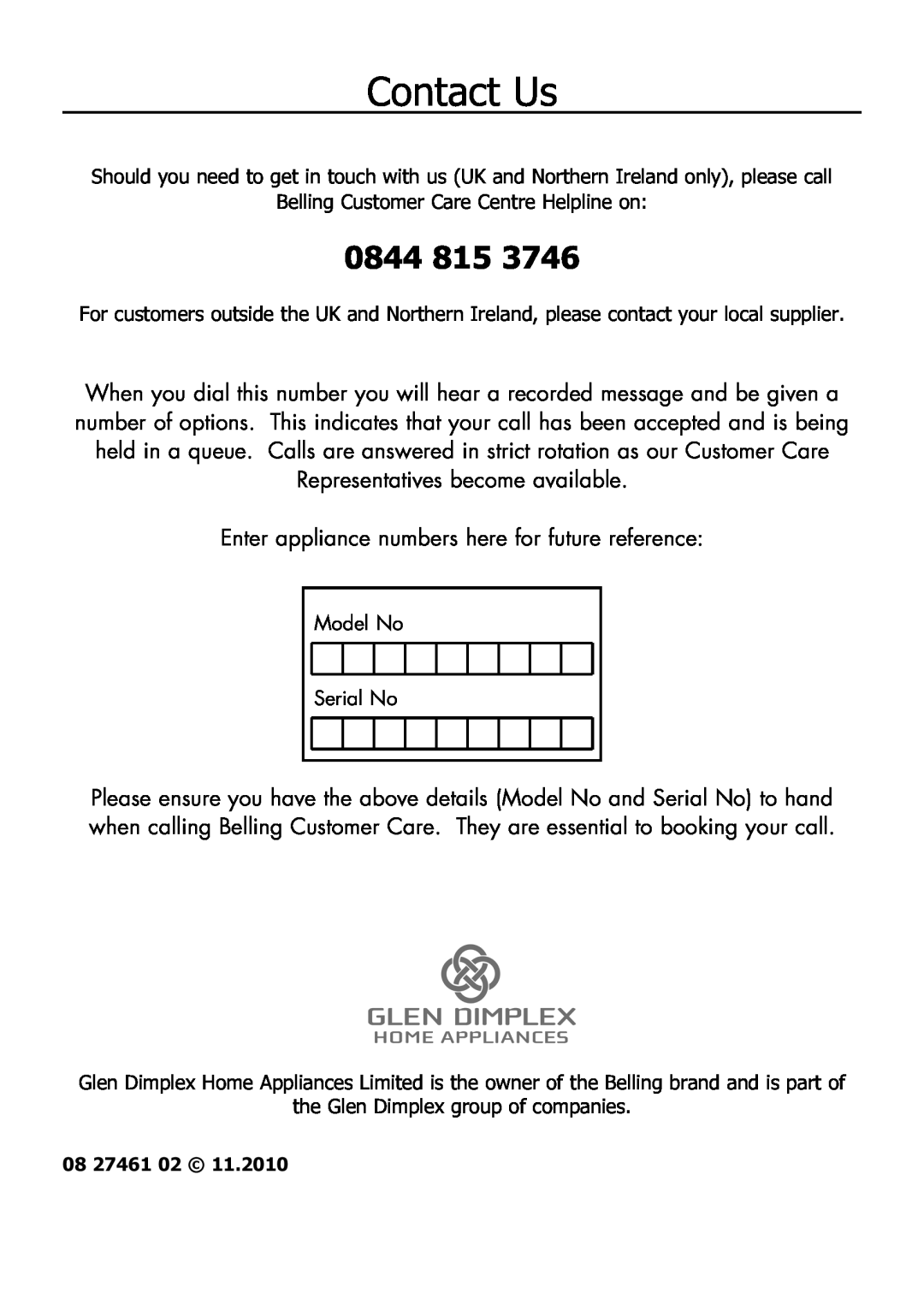 Glen Dimplex Home Appliances Ltd FS 60 DO DF manual Contact Us, 0844 815 