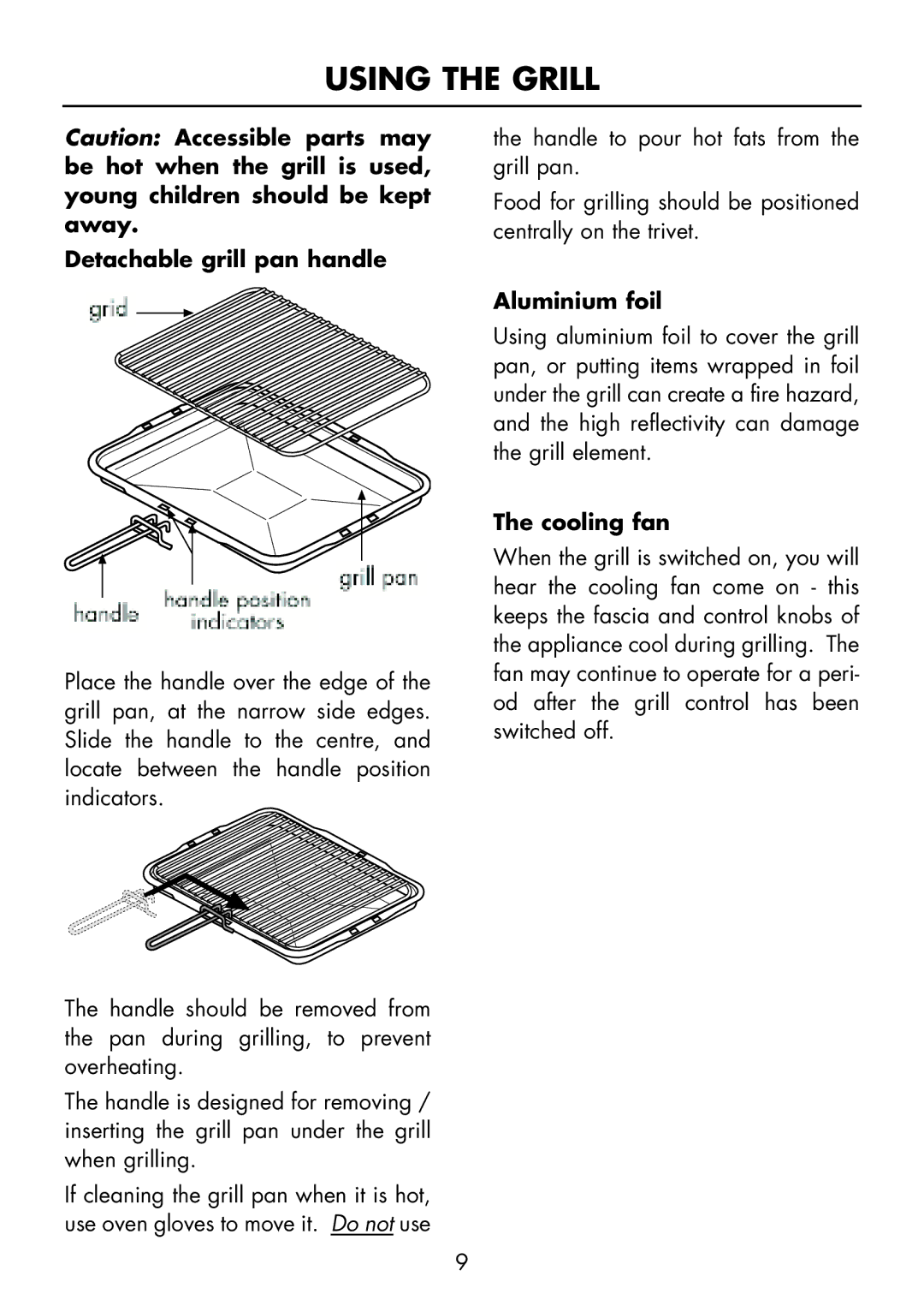 Glen Dimplex Home Appliances Ltd FSE 60 DOP manual Using the Grill, Detachable grill pan handle, Aluminium foil 