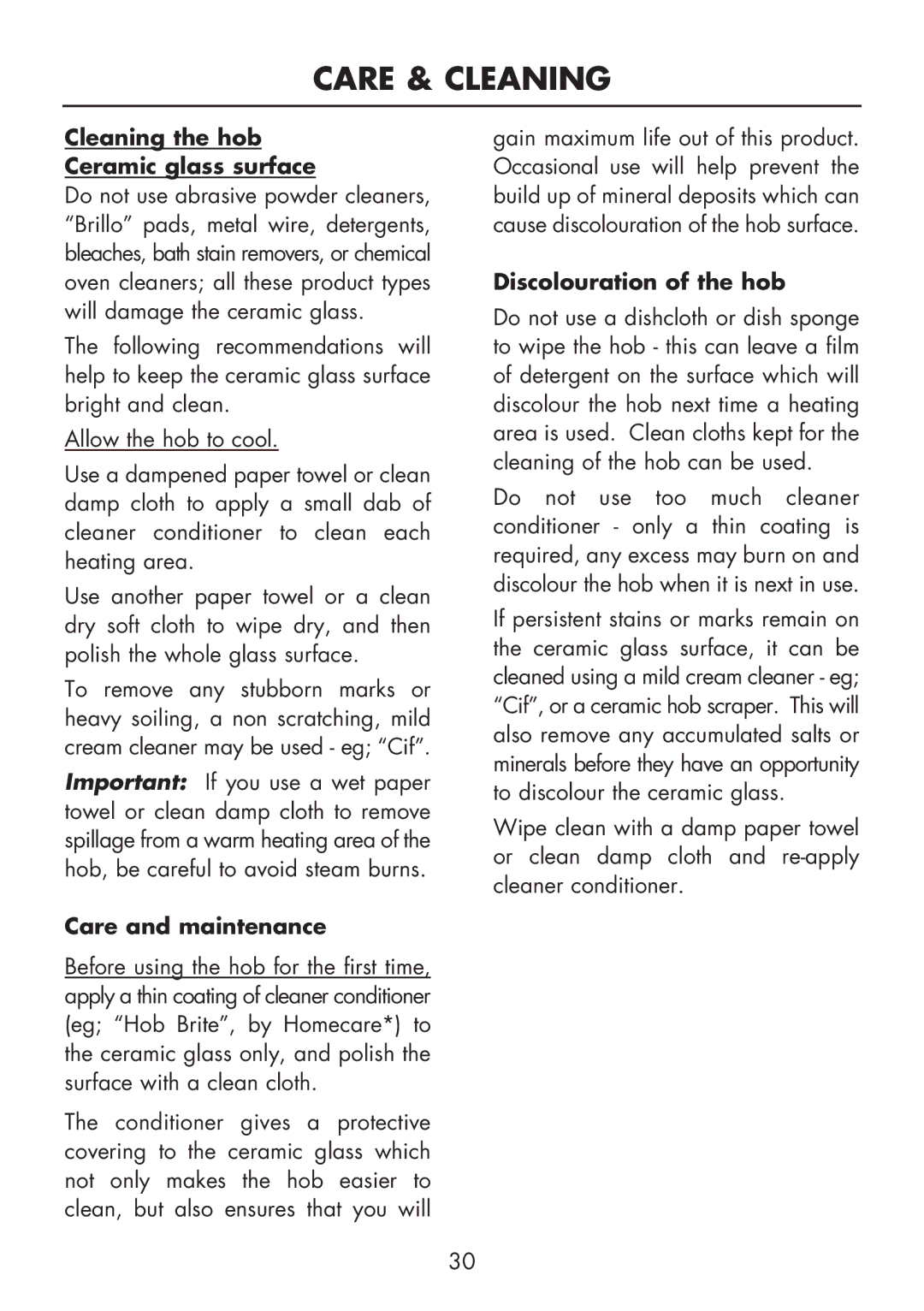 Glen Dimplex Home Appliances Ltd FSE 60 DOP manual Cleaning the hob Ceramic glass surface, Care and maintenance 