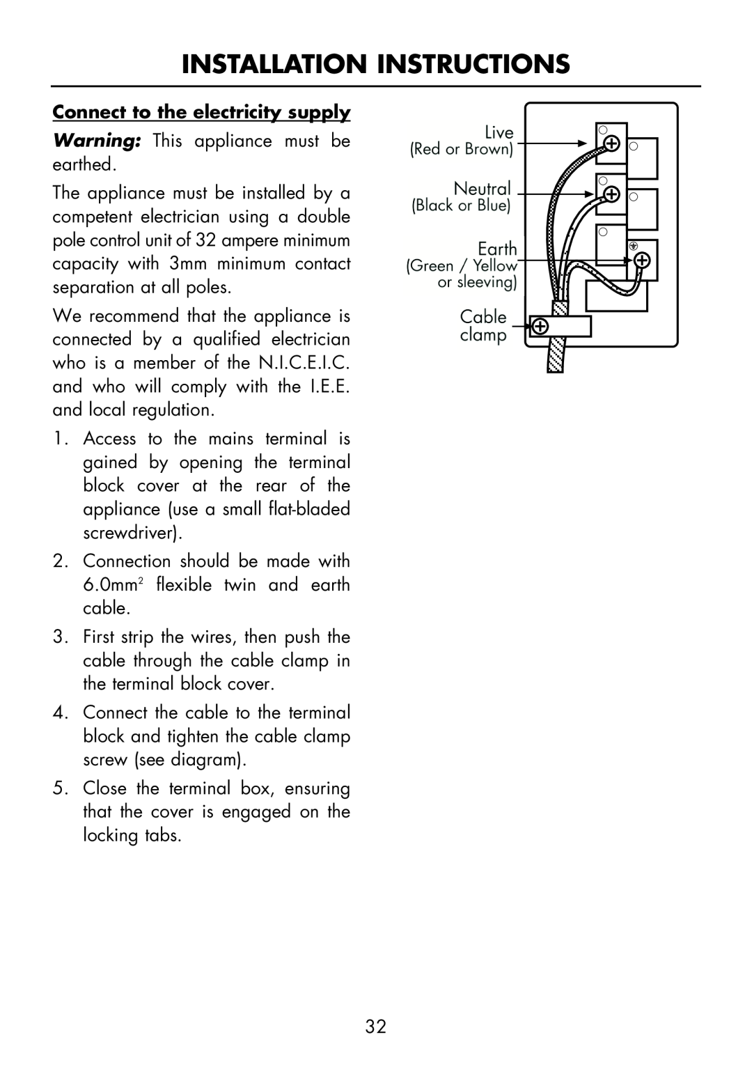 Glen Dimplex Home Appliances Ltd FSE 60 DOP manual Connect to the electricity supply, Installation Instructions 