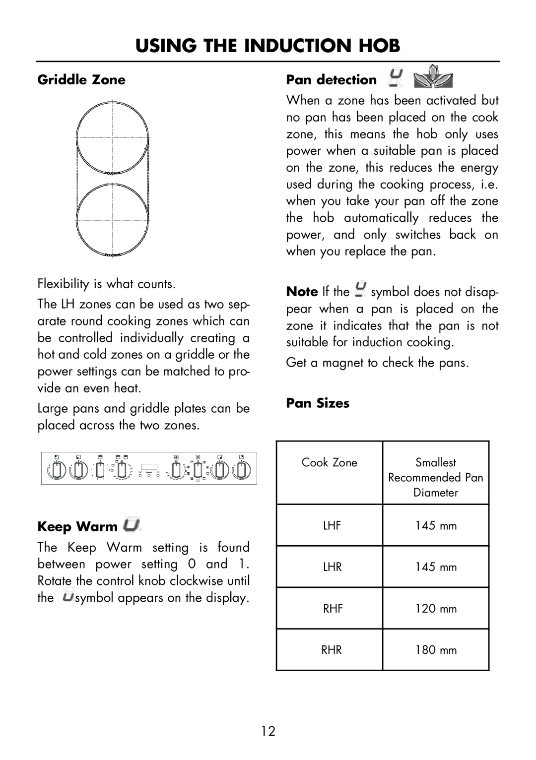 Glen Dimplex Home Appliances Ltd FSE 60 I manual Griddle Zone, Keep Warm, Pan detection, Pan Sizes 