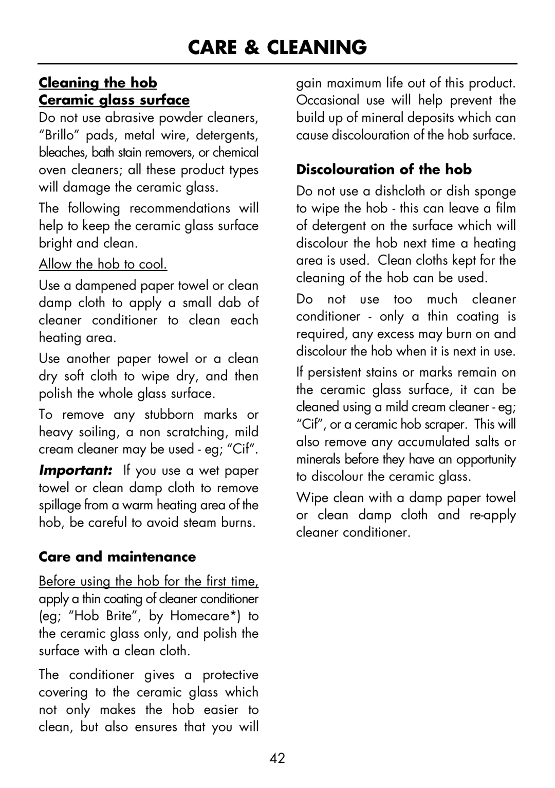 Glen Dimplex Home Appliances Ltd FSE 60 I manual Cleaning the hob Ceramic glass surface, Care and maintenance 