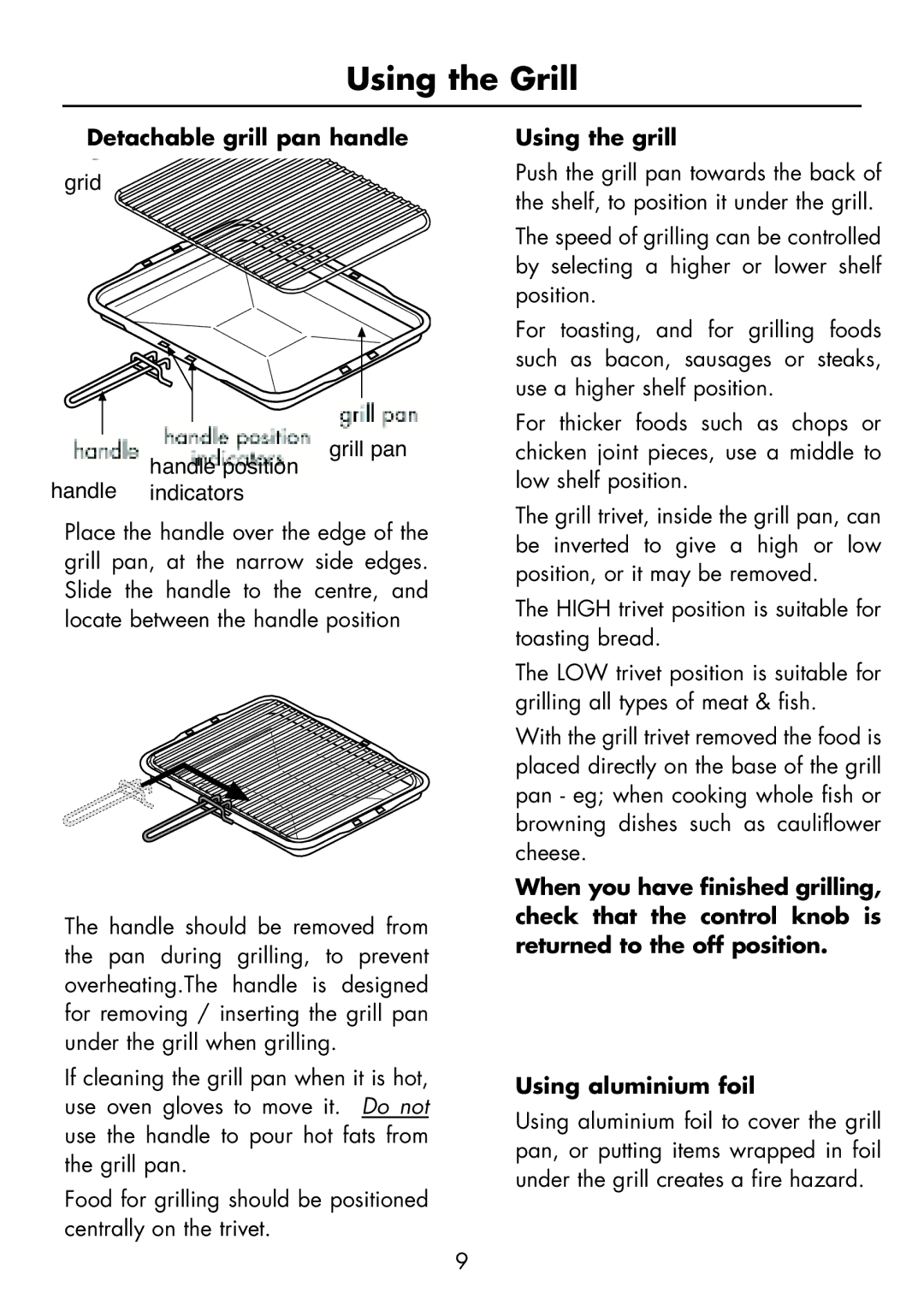 Glen Dimplex Home Appliances Ltd FSG 60 DO/DOP manual Detachable grill pan handle, Using the grill 