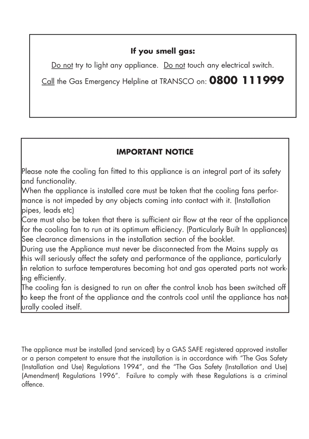 Glen Dimplex Home Appliances Ltd FSG 60 DO/DOP manual If you smell gas, Important Notice 