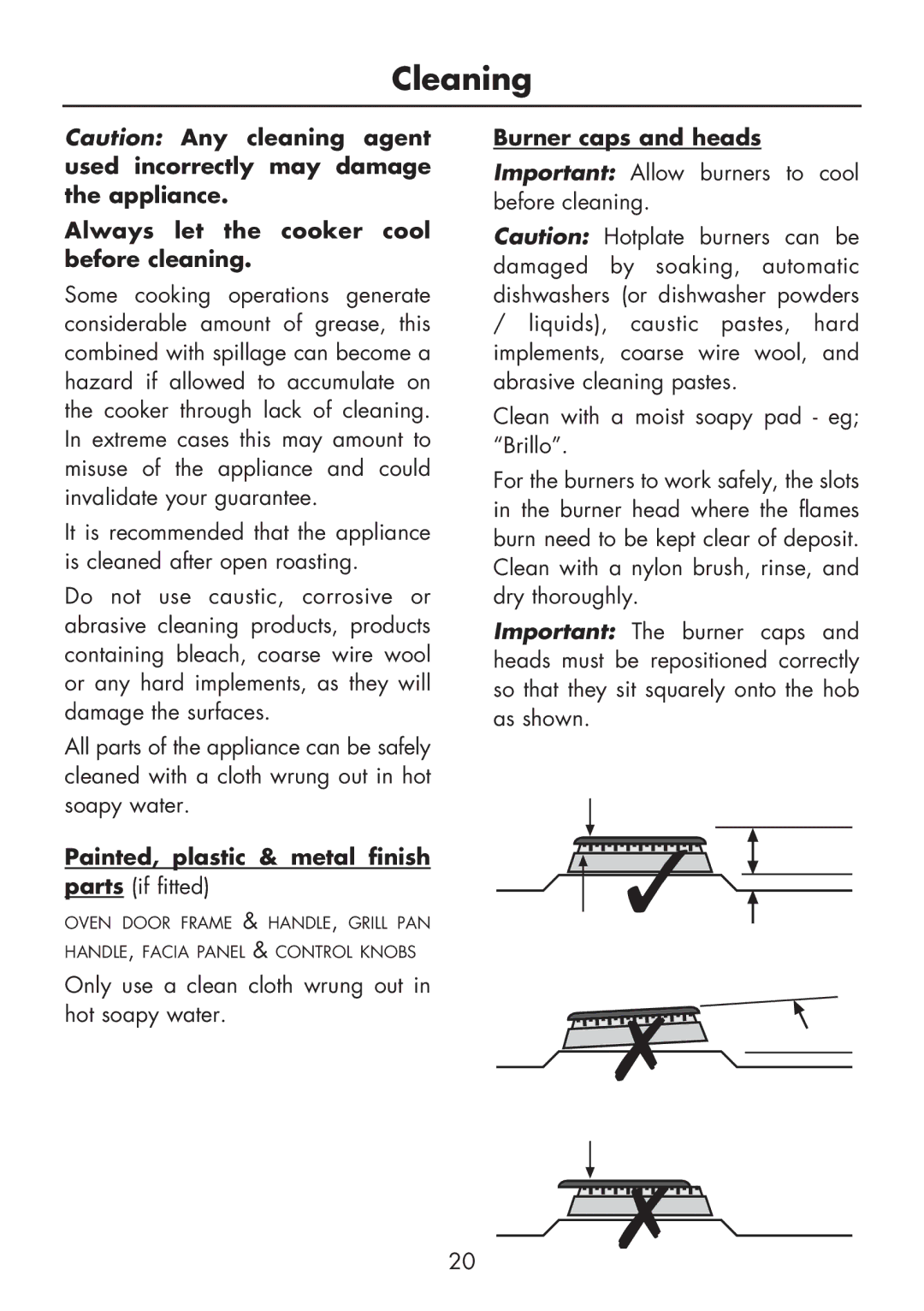 Glen Dimplex Home Appliances Ltd FSG 60 DO/DOP Cleaning, Always let the cooker cool before cleaning, Burner caps and heads 