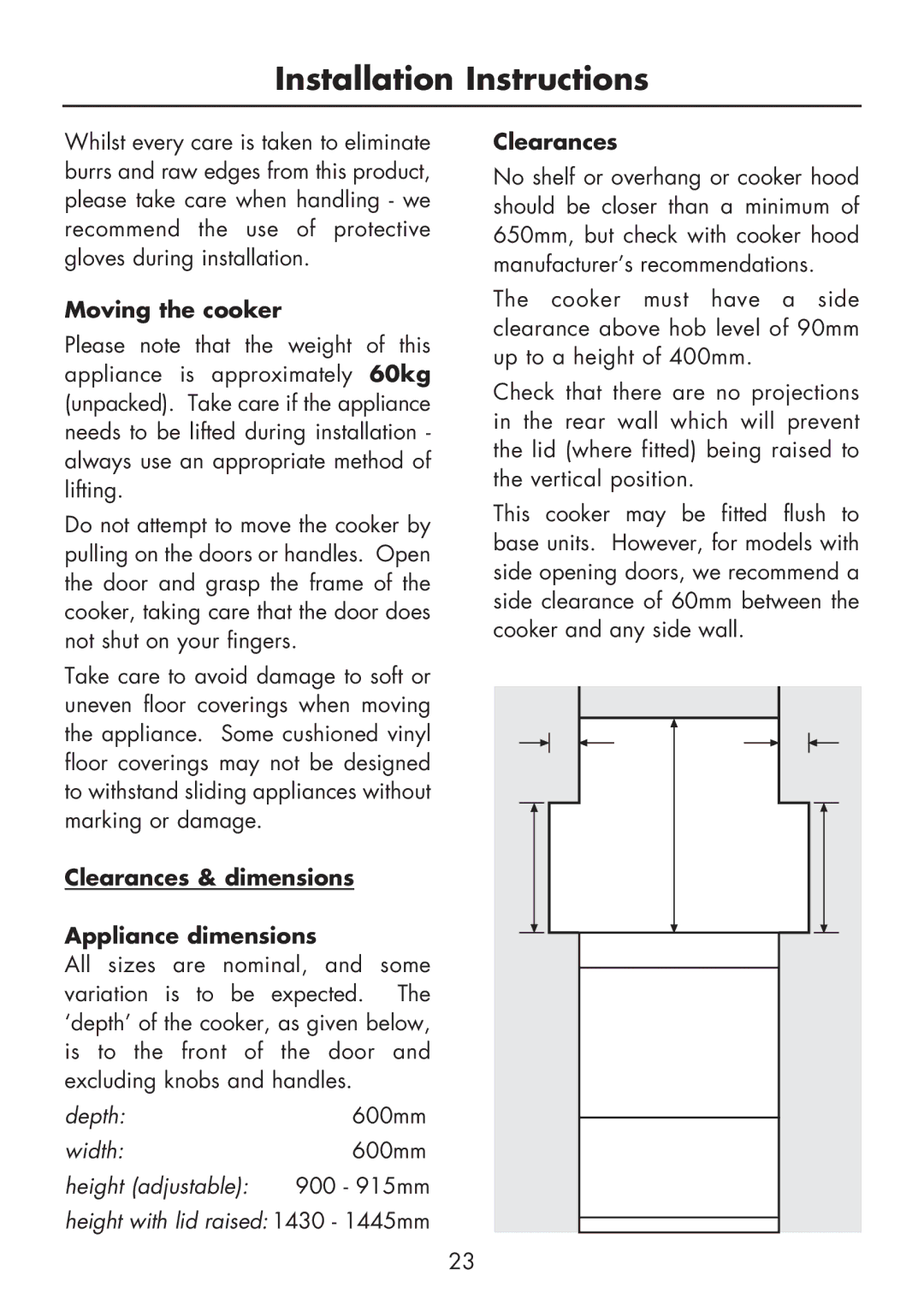 Glen Dimplex Home Appliances Ltd FSG 60 DO/DOP manual Clearances & dimensions Appliance dimensions 