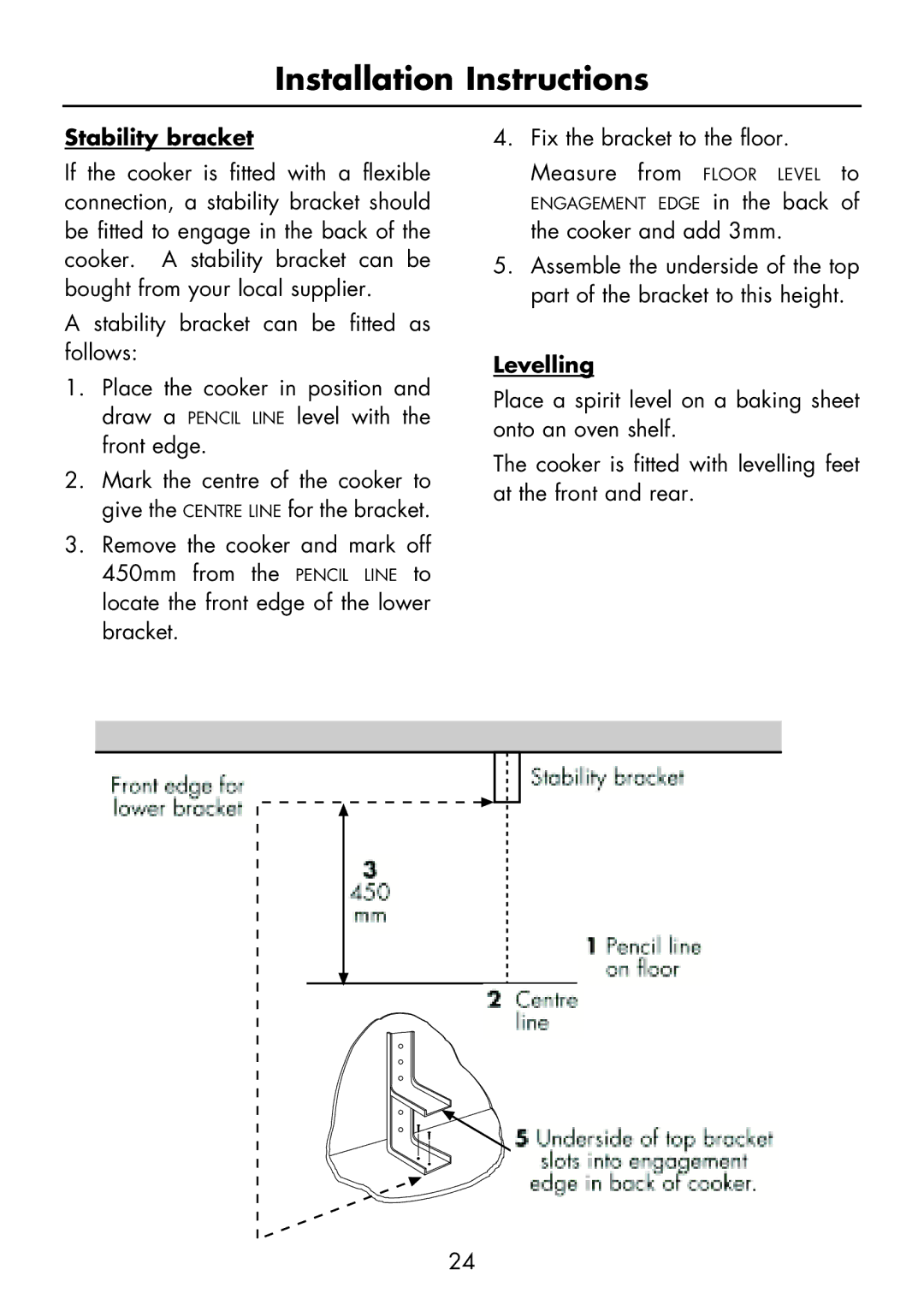 Glen Dimplex Home Appliances Ltd FSG 60 DO/DOP manual Stability bracket, Levelling 