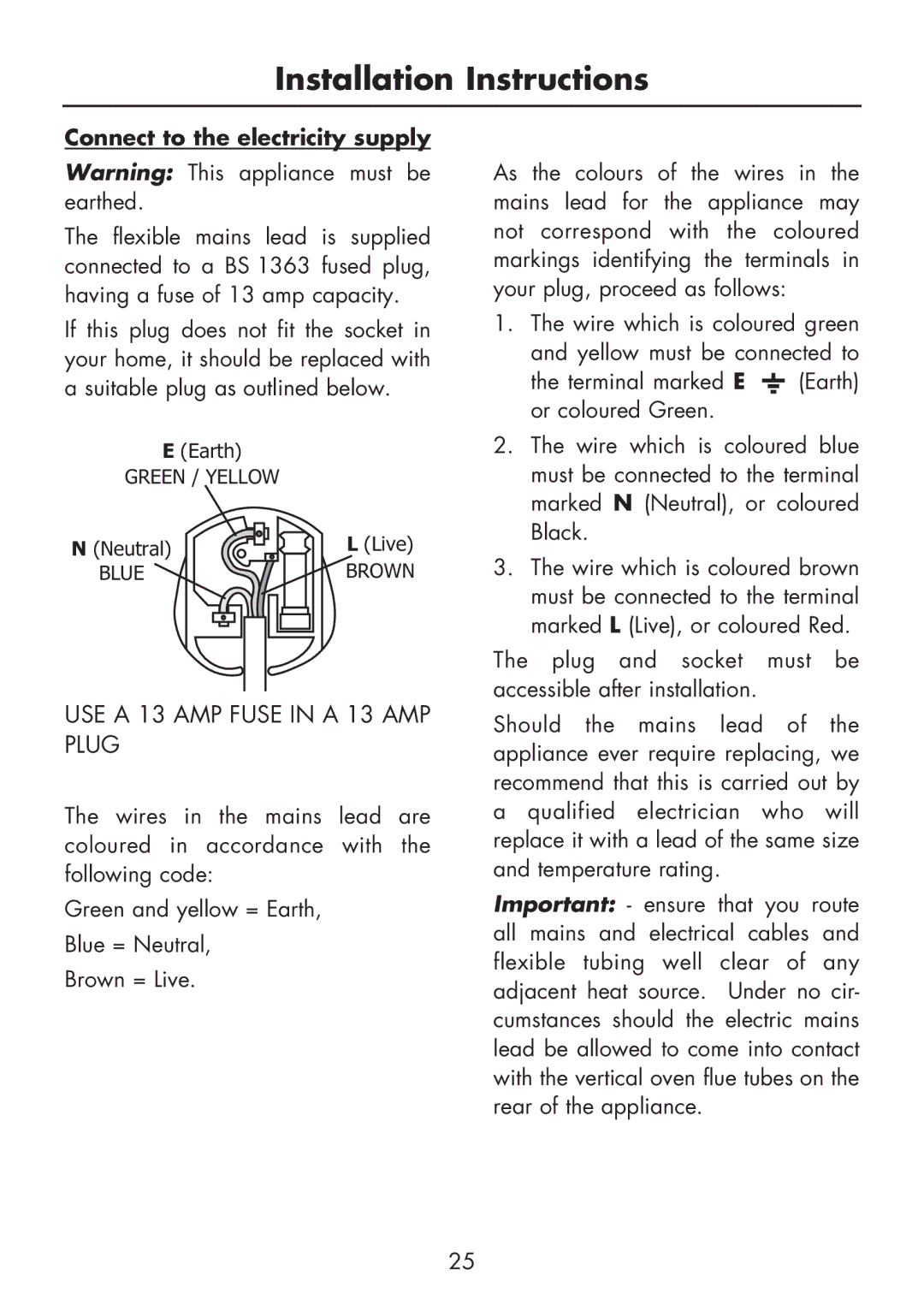 Glen Dimplex Home Appliances Ltd FSG 60 DO/DOP manual USE a 13 AMP Fuse in a 13 AMP Plug, Connect to the electricity supply 