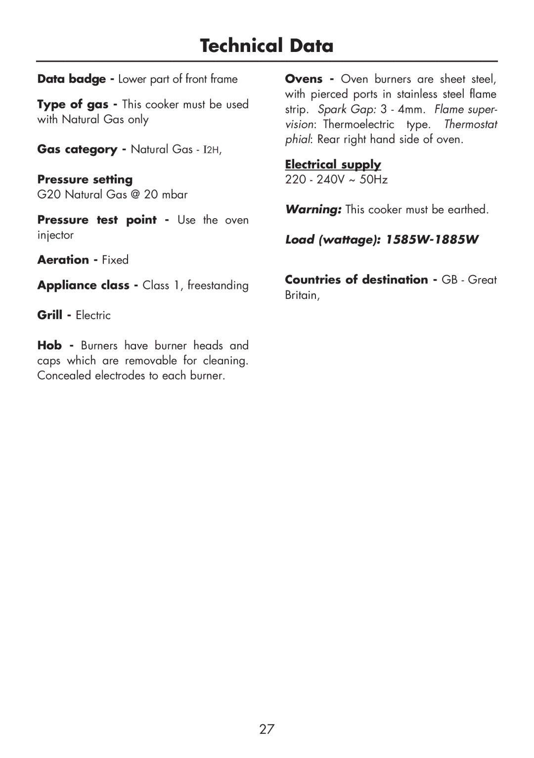 Glen Dimplex Home Appliances Ltd FSG 60 DO/DOP manual Technical Data 