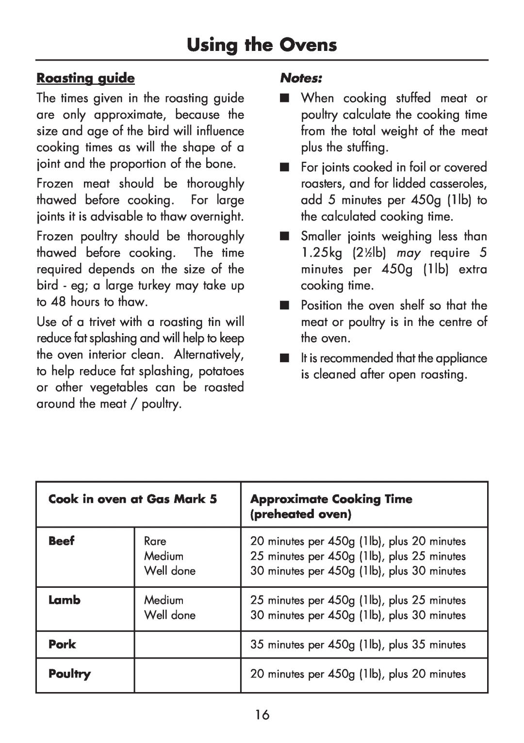 Glen Dimplex Home Appliances Ltd FSG 60 DO/DOP Roasting guide, Using the Ovens, Cook in oven at Gas Mark, preheated oven 