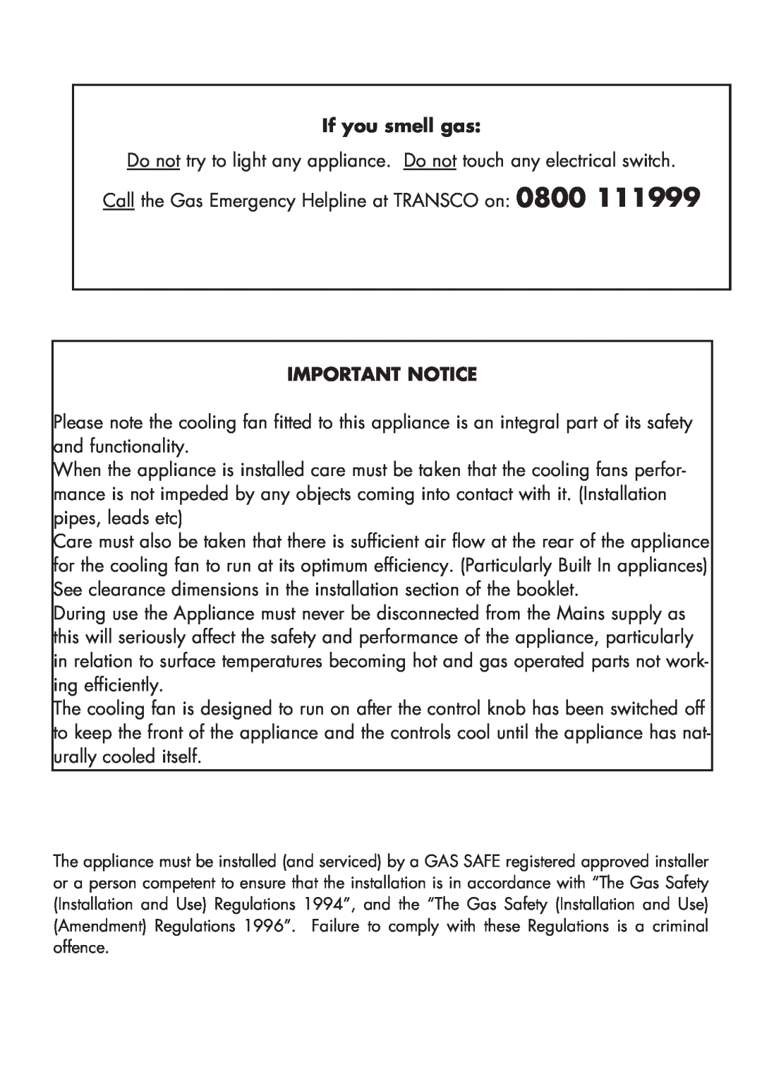 Glen Dimplex Home Appliances Ltd FSG 60 DO/DOP manual If you smell gas, Important Notice 