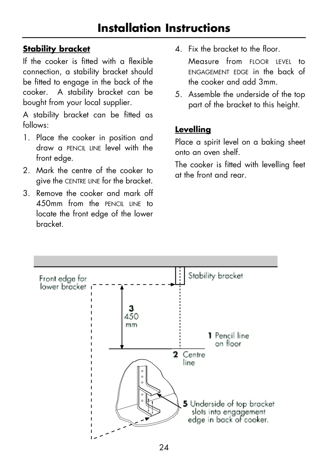 Glen Dimplex Home Appliances Ltd FSG 60 DO/DOP manual Levelling, Installation Instructions, Stability bracket 