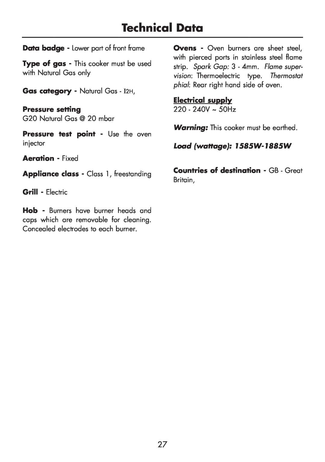 Glen Dimplex Home Appliances Ltd FSG 60 DO/DOP manual Technical Data, Gas category - Natural Gas - I2H Pressure setting 