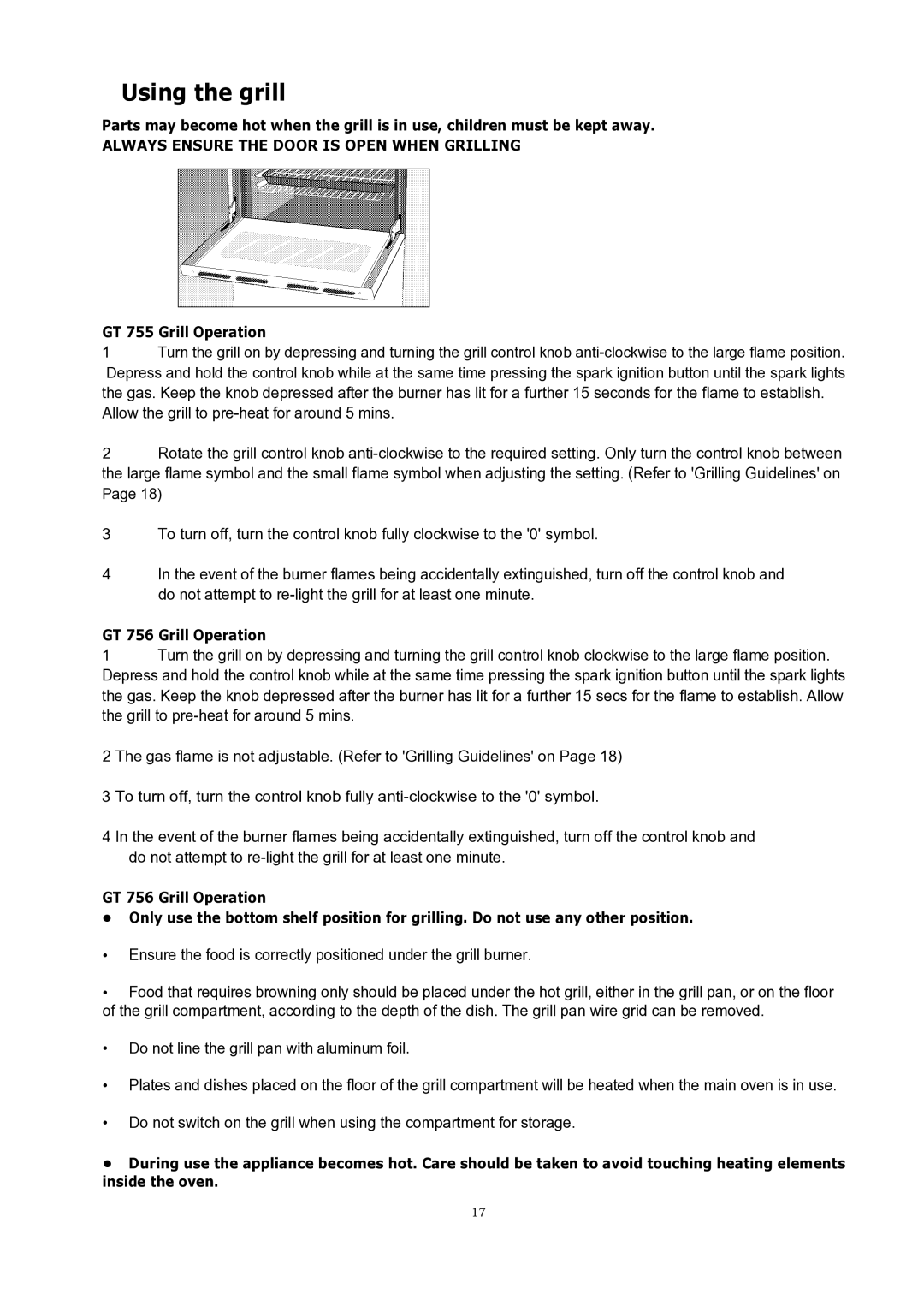 Glen Dimplex Home Appliances Ltd manual Using the grill, GT 755 Grill Operation, GT 756 Grill Operation 