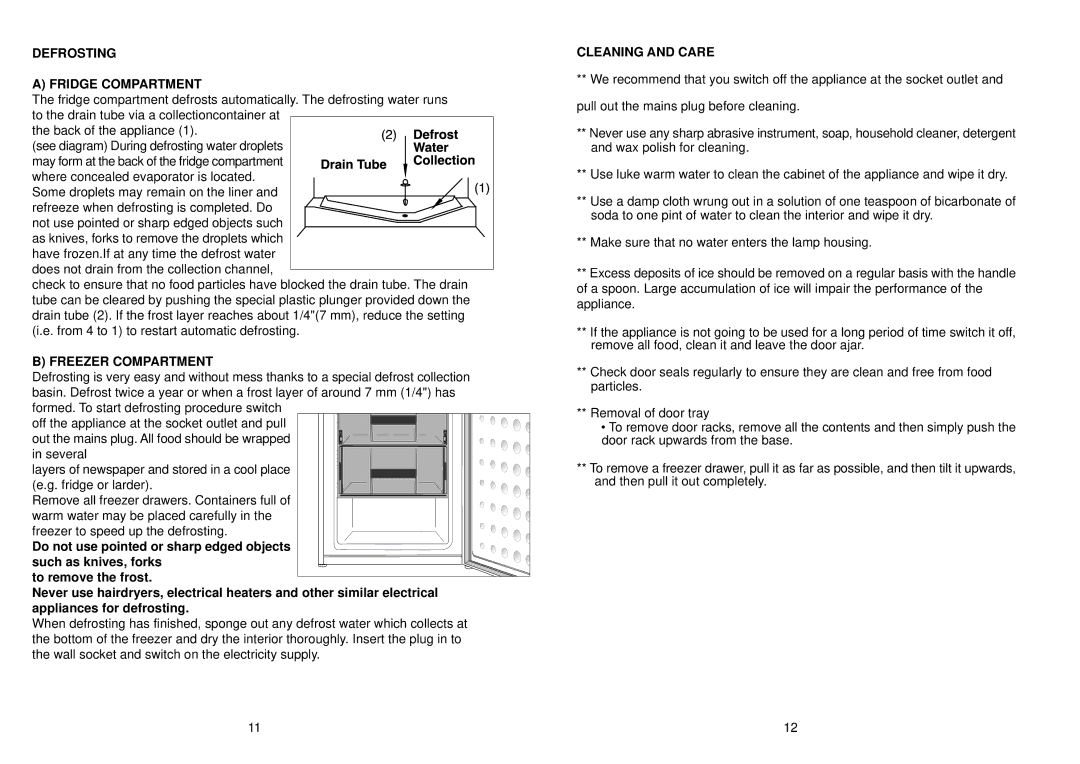 Glen Dimplex Home Appliances Ltd IFF7030 manual Defrosting Fridge Compartment, Freezer Compartment, Cleaning and Care 