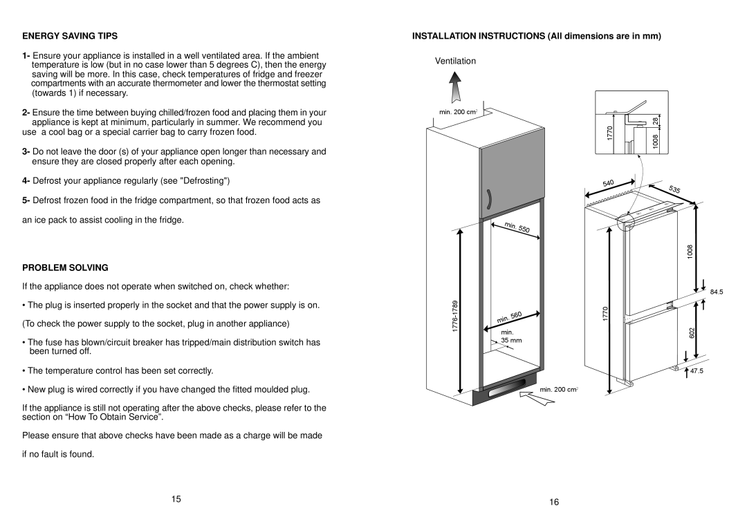 Glen Dimplex Home Appliances Ltd IFF7030 manual Energy Saving Tips, Installation Instructions All dimensions are in mm 