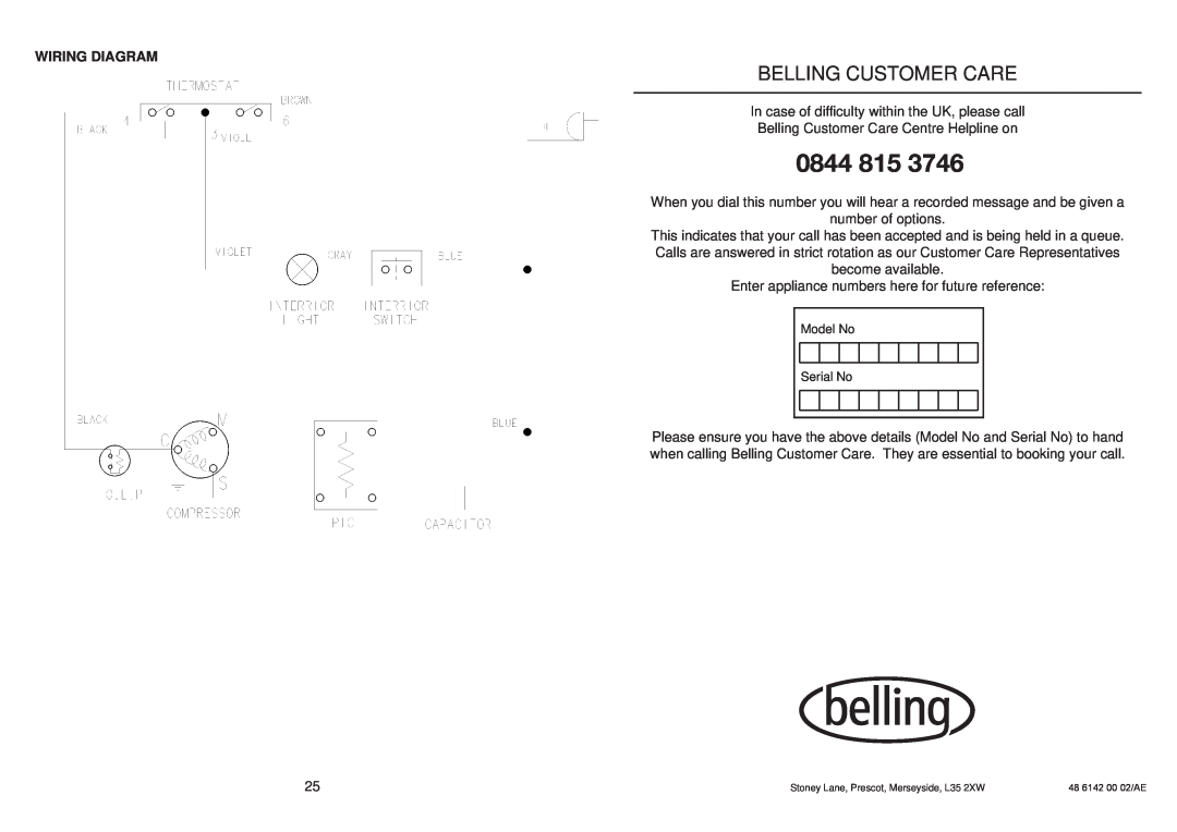 Glen Dimplex Home Appliances Ltd IFF7030 manual Wiring Diagram, 0844 815, Belling Customer Care 