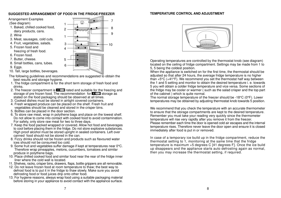 Glen Dimplex Home Appliances Ltd IFF7030 manual Suggested Arrangement Of Food In The Fridge/Freezer 