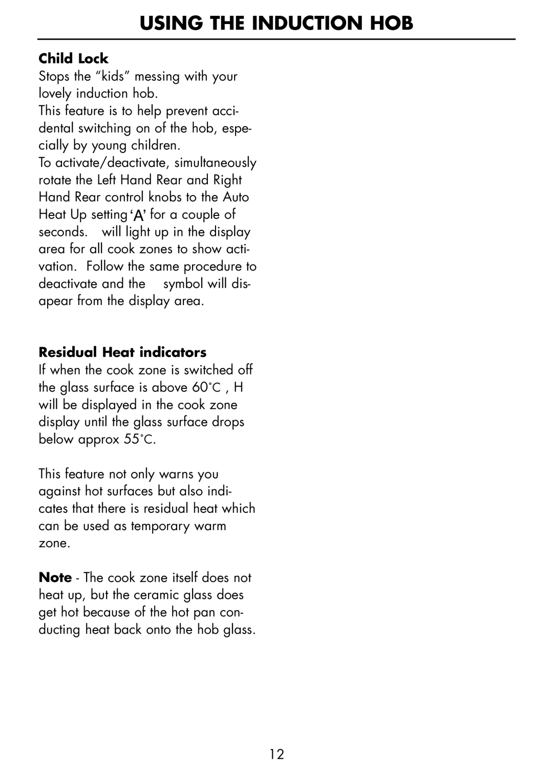 Glen Dimplex Home Appliances Ltd PBI60R installation instructions Child Lock, Residual Heat indicators 