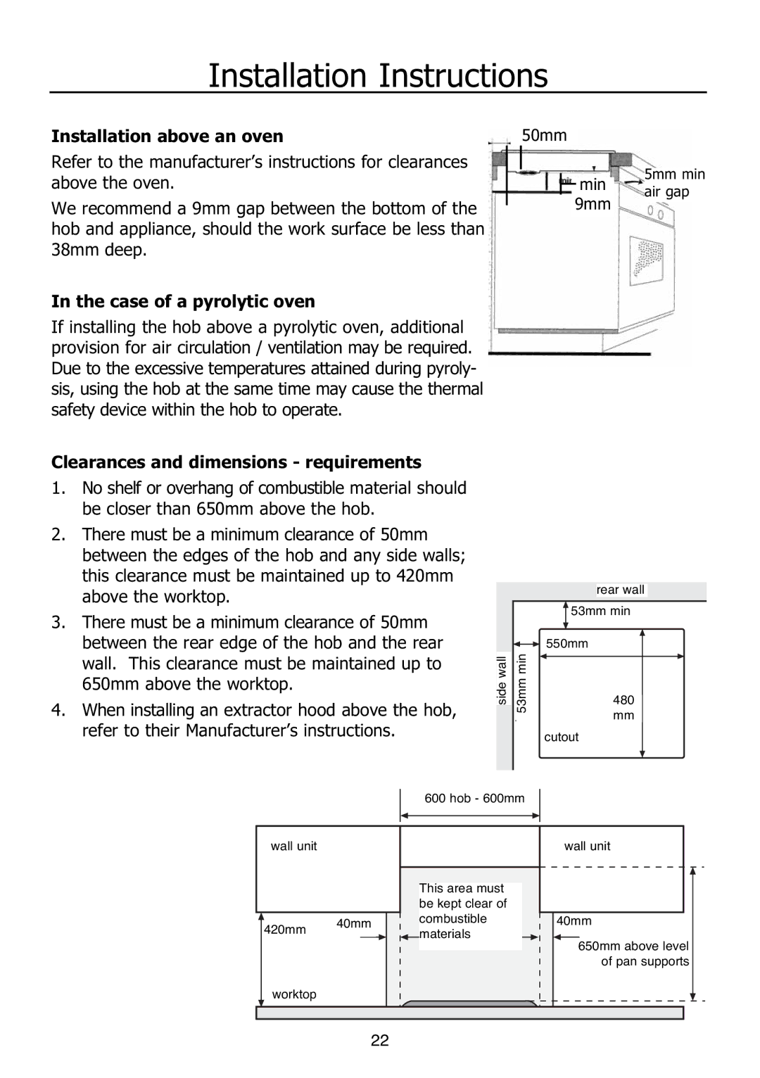 Glen Dimplex Home Appliances Ltd PBI60R installation instructions Installation above an oven, Case of a pyrolytic oven 