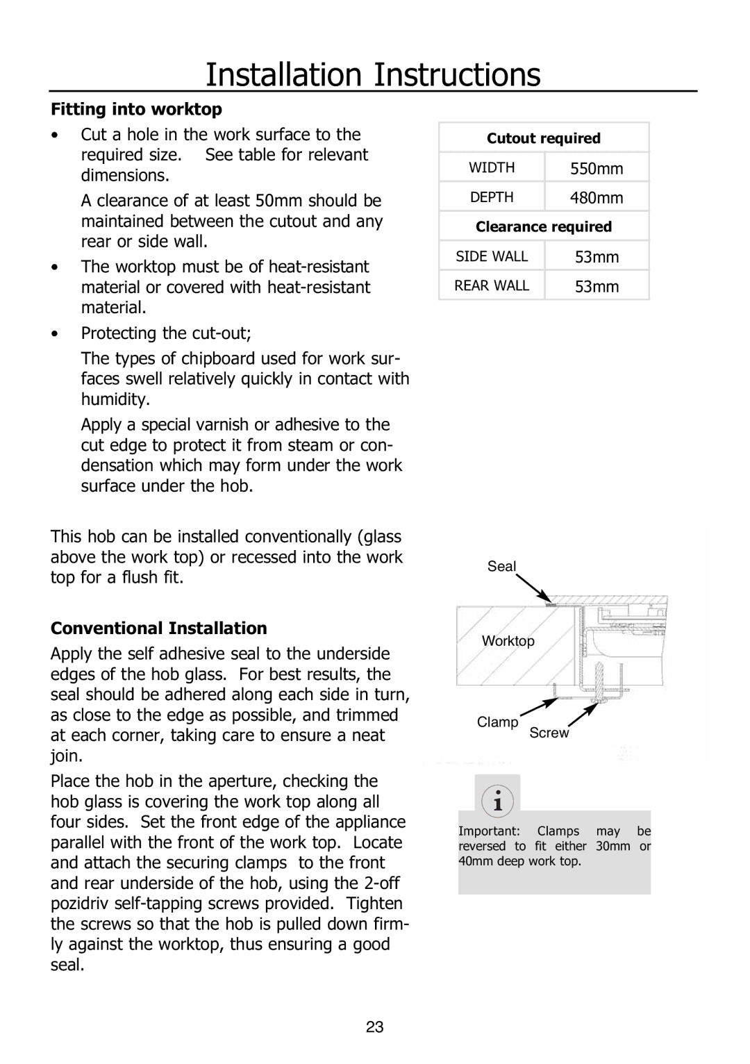 Glen Dimplex Home Appliances Ltd PBI60R installation instructions Fitting into worktop, Conventional Installation 