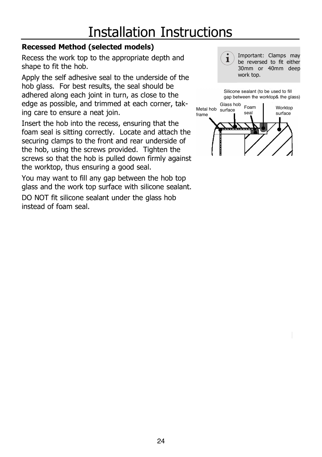 Glen Dimplex Home Appliances Ltd PBI60R installation instructions Recessed Method selected models 