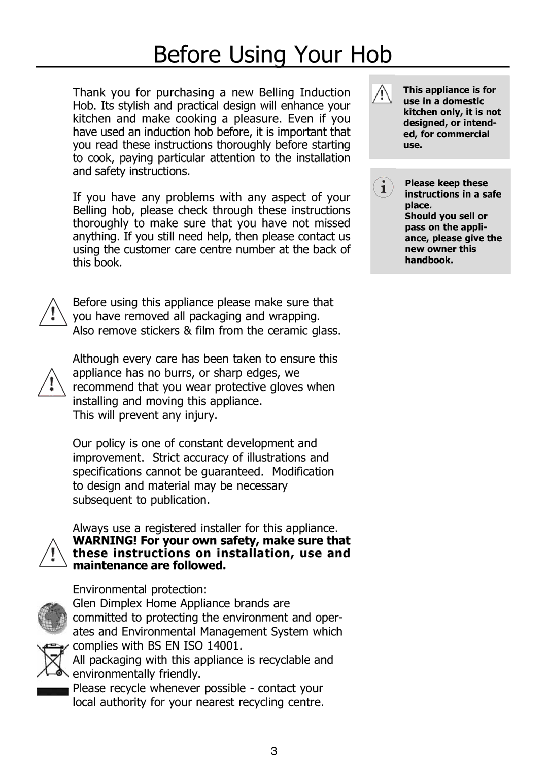 Glen Dimplex Home Appliances Ltd PBI60R installation instructions Before Using Your Hob 