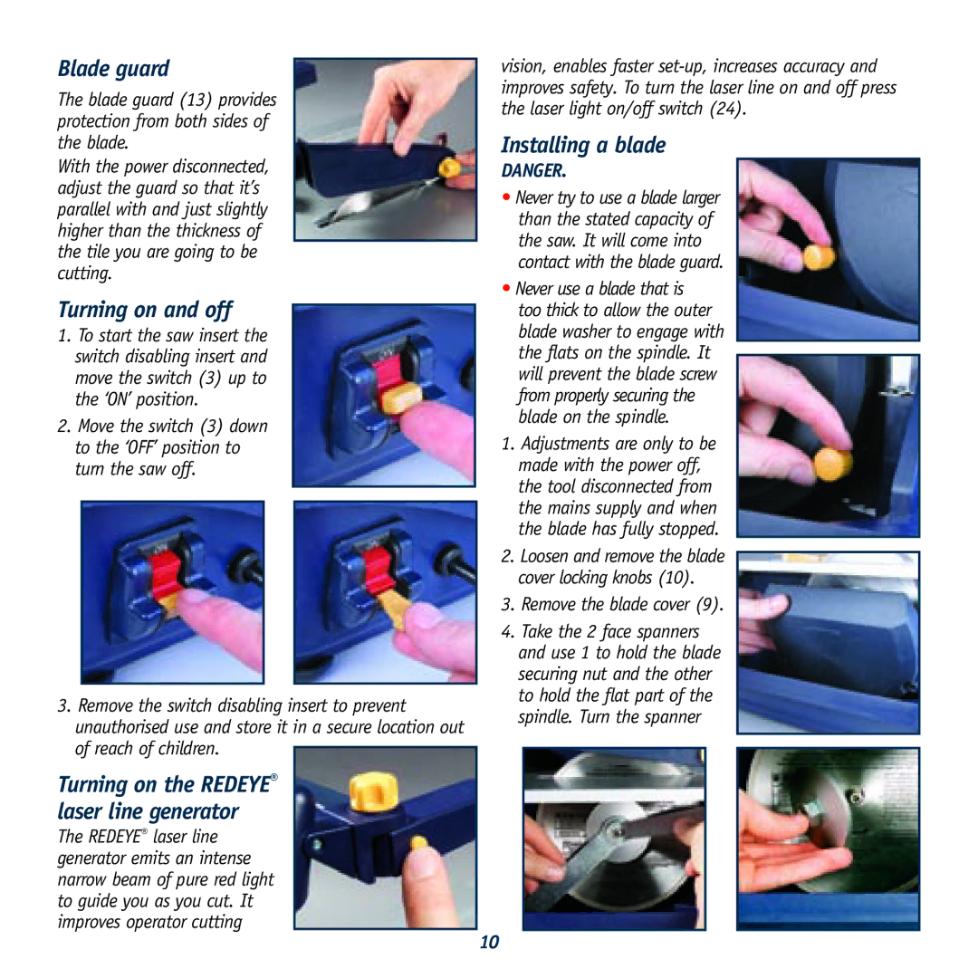 Global Machinery Company 040521 ED8 PR instruction manual Blade guard, Turning on and off, Installing a blade 