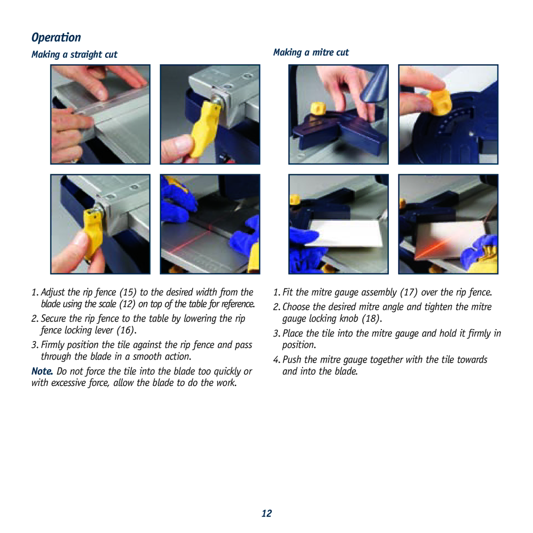 Global Machinery Company 040521 ED8 PR instruction manual Operation, Making a straight cut Making a mitre cut 