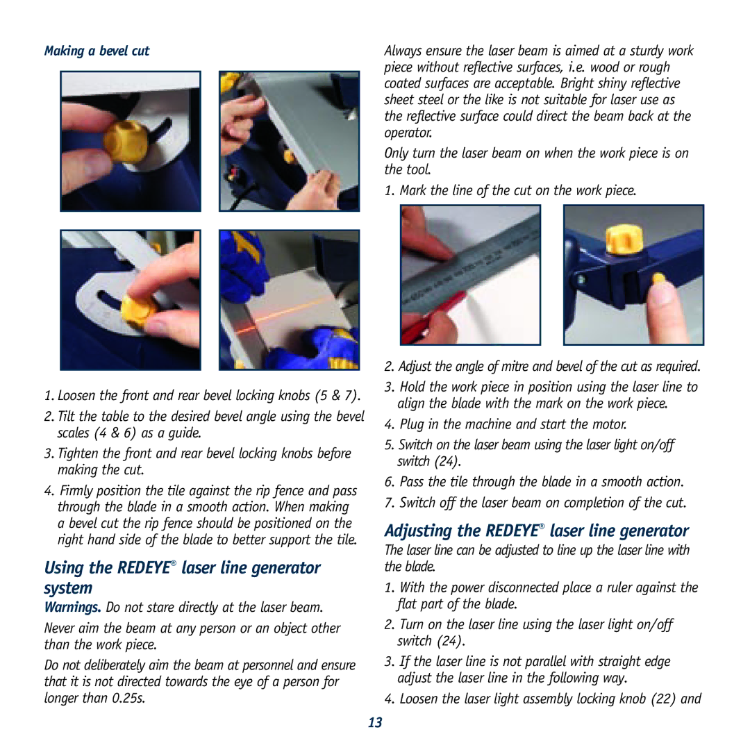 Global Machinery Company 040521 ED8 PR instruction manual Using the Redeye laser line generator system 