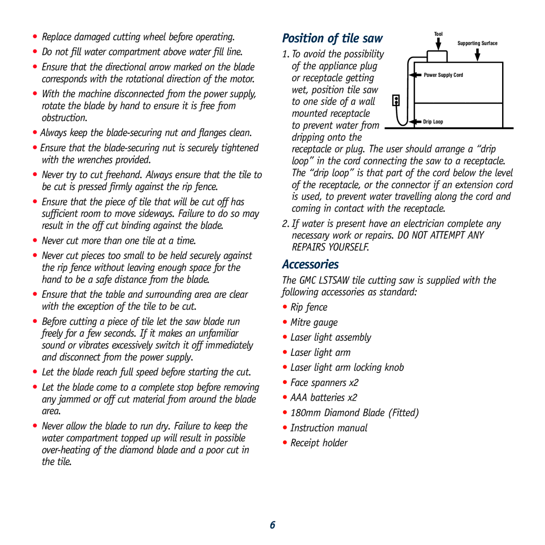 Global Machinery Company 040521 ED8 PR instruction manual Position of tile saw, Accessories 