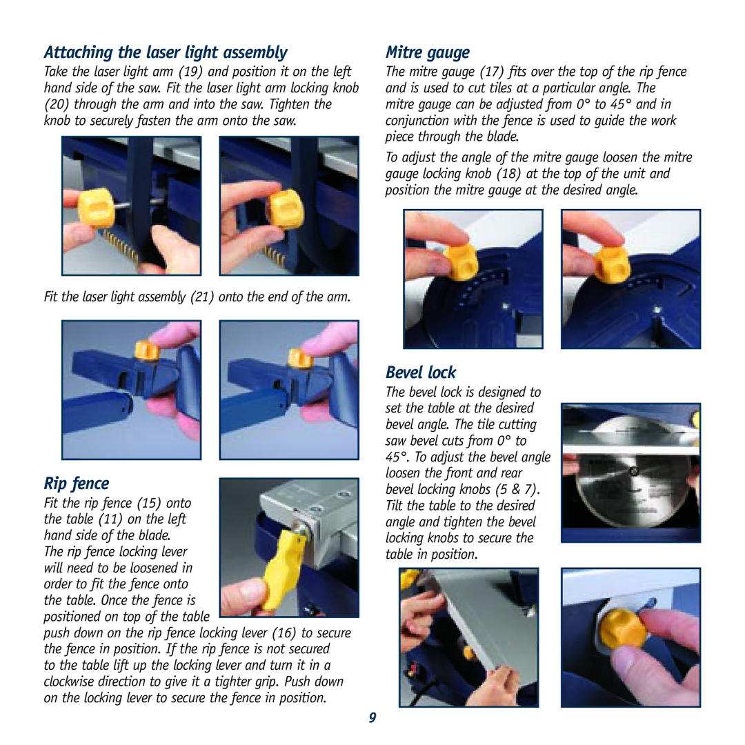 Global Machinery Company 040521 ED8 PR Attaching the laser light assembly, Mitre gauge, Rip fence, Bevel lock 