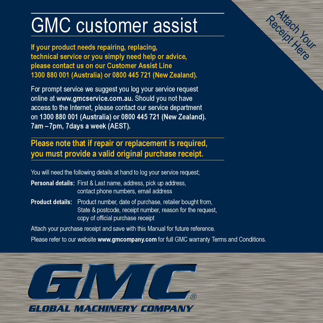 Global Machinery Company 1700W instruction manual GMC customer assist 