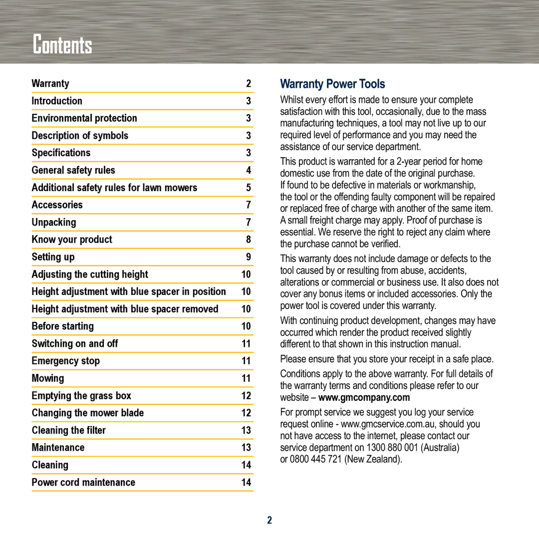 Global Machinery Company 1700W instruction manual Contents 