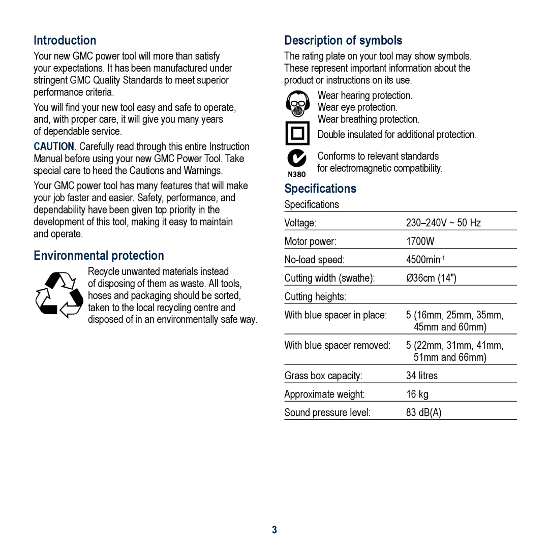 Global Machinery Company 1700W Introduction, Environmental protection, Description of symbols, Specifications 