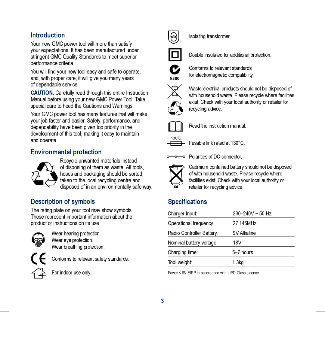 Global Machinery Company 18VDT18V instruction manual Power 1W Eirp in accordance with Lipd Class Licence 