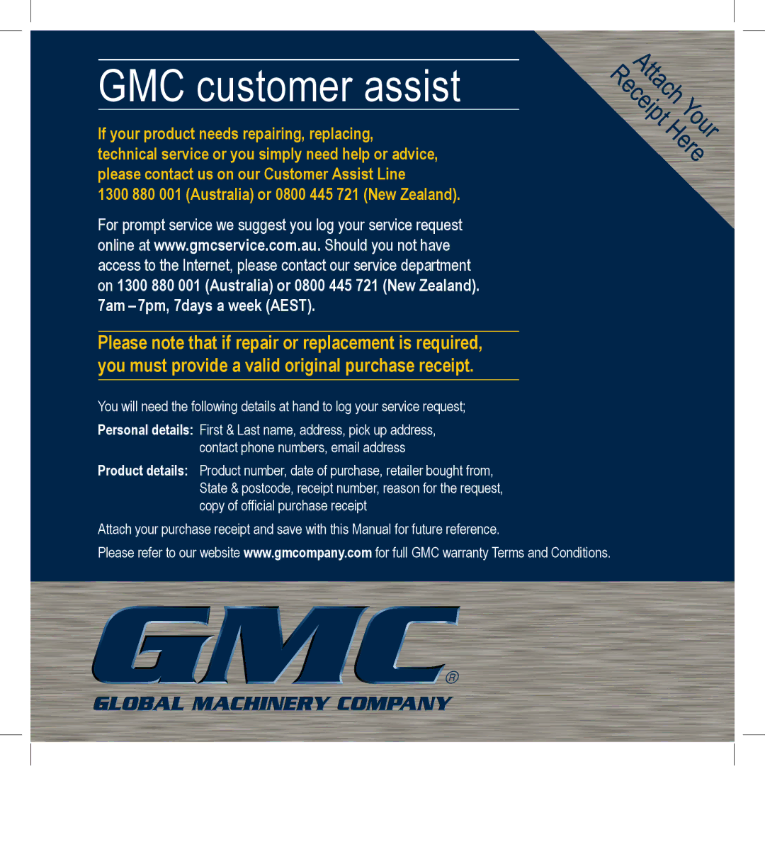 Global Machinery Company 18VDT18V instruction manual GMC customer assist 