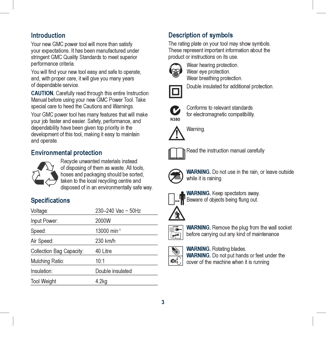 Global Machinery Company 2000W Introduction, Environmental protection, Specifications, Description of symbols 