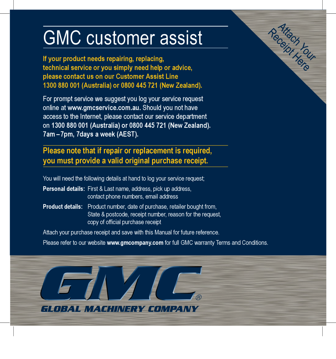 Global Machinery Company 2000W instruction manual GMC customer assist 