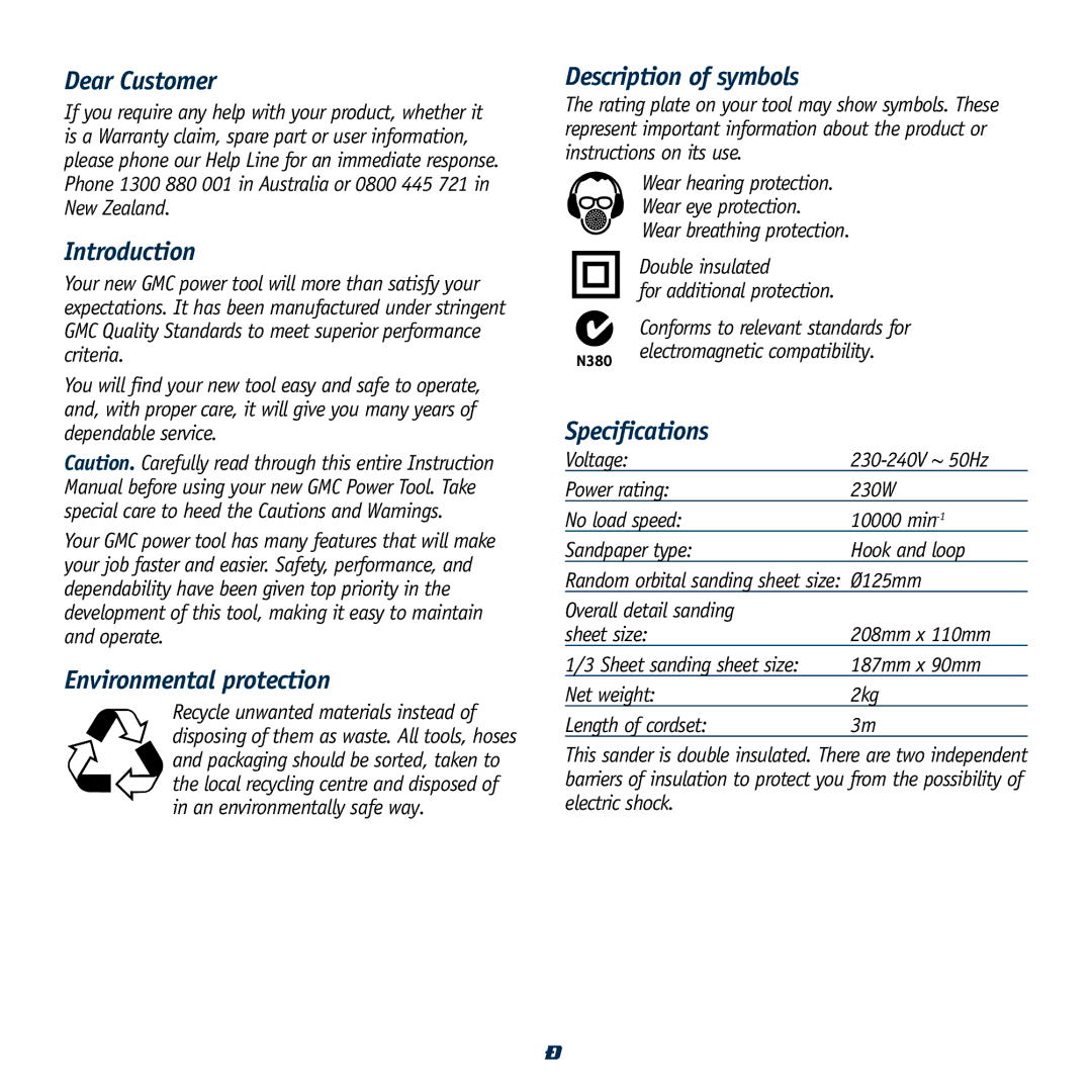 Global Machinery Company 230W Dear Customer, Introduction, Environmental protection, Description of symbols 