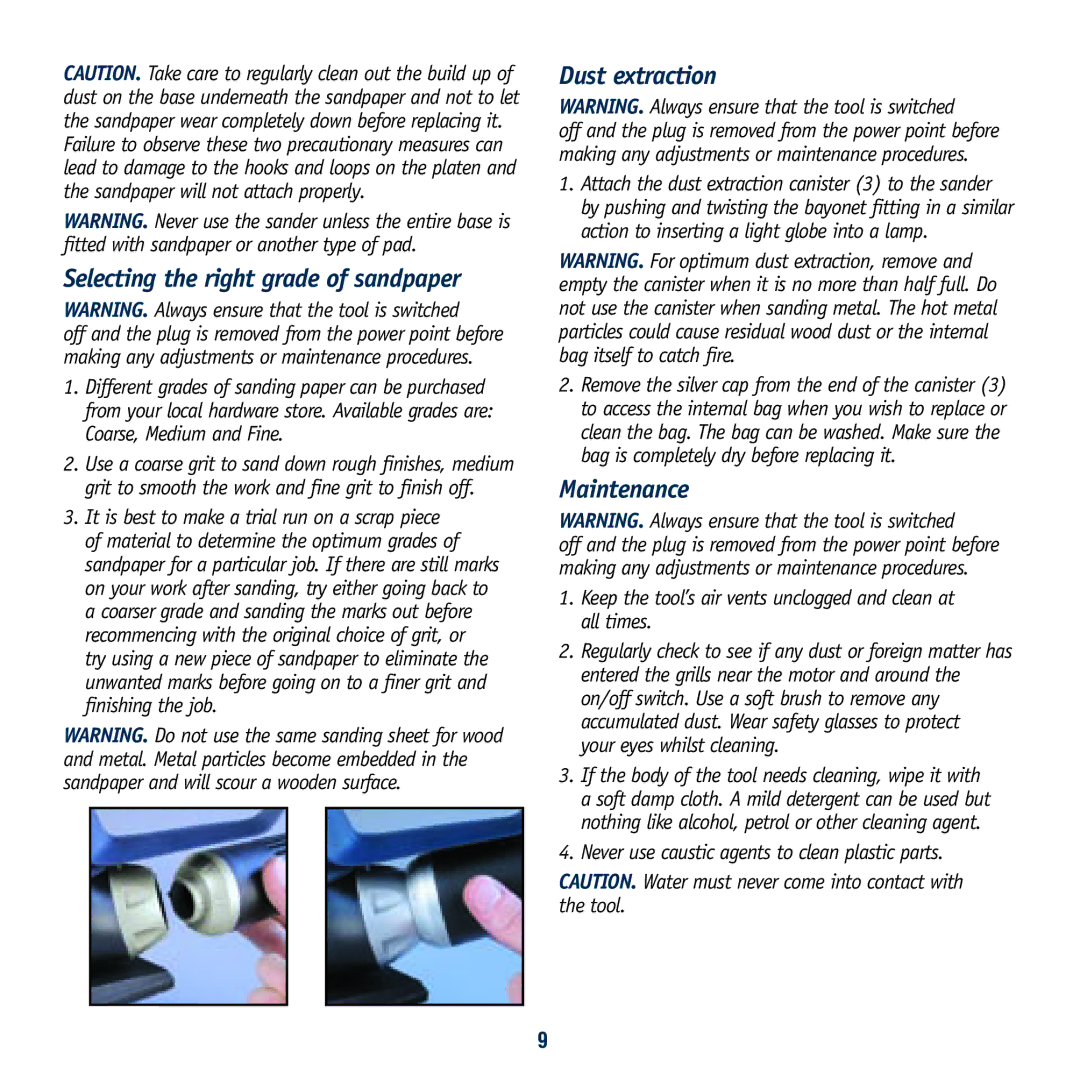 Global Machinery Company 230W instruction manual Selecting the right grade of sandpaper, Dust extraction, Maintenance 