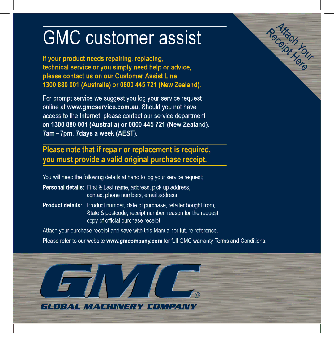 Global Machinery Company 25CC instruction manual GMC customer assist 