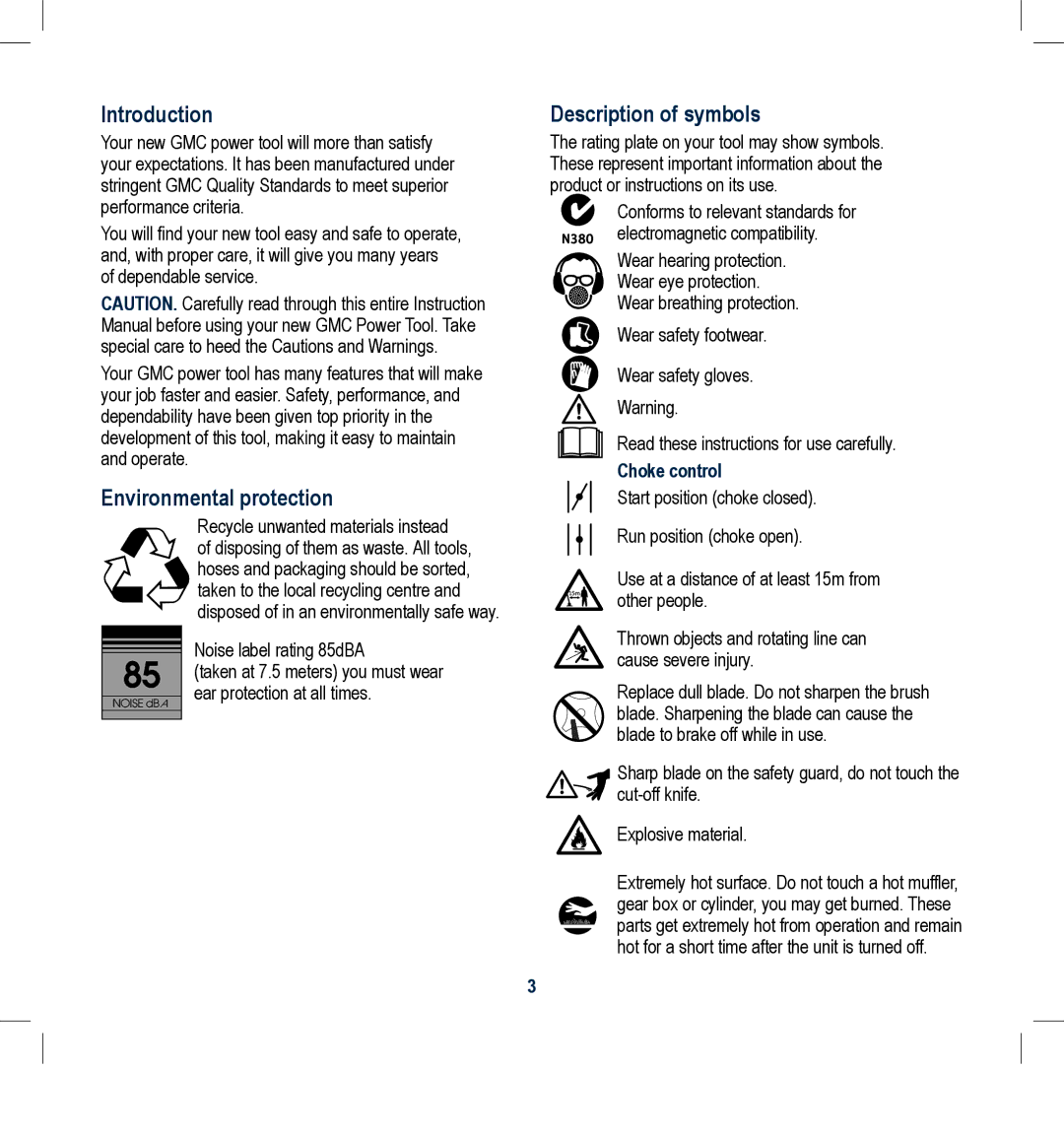 Global Machinery Company 25CC Introduction, Environmental protection Description of symbols, Choke control 