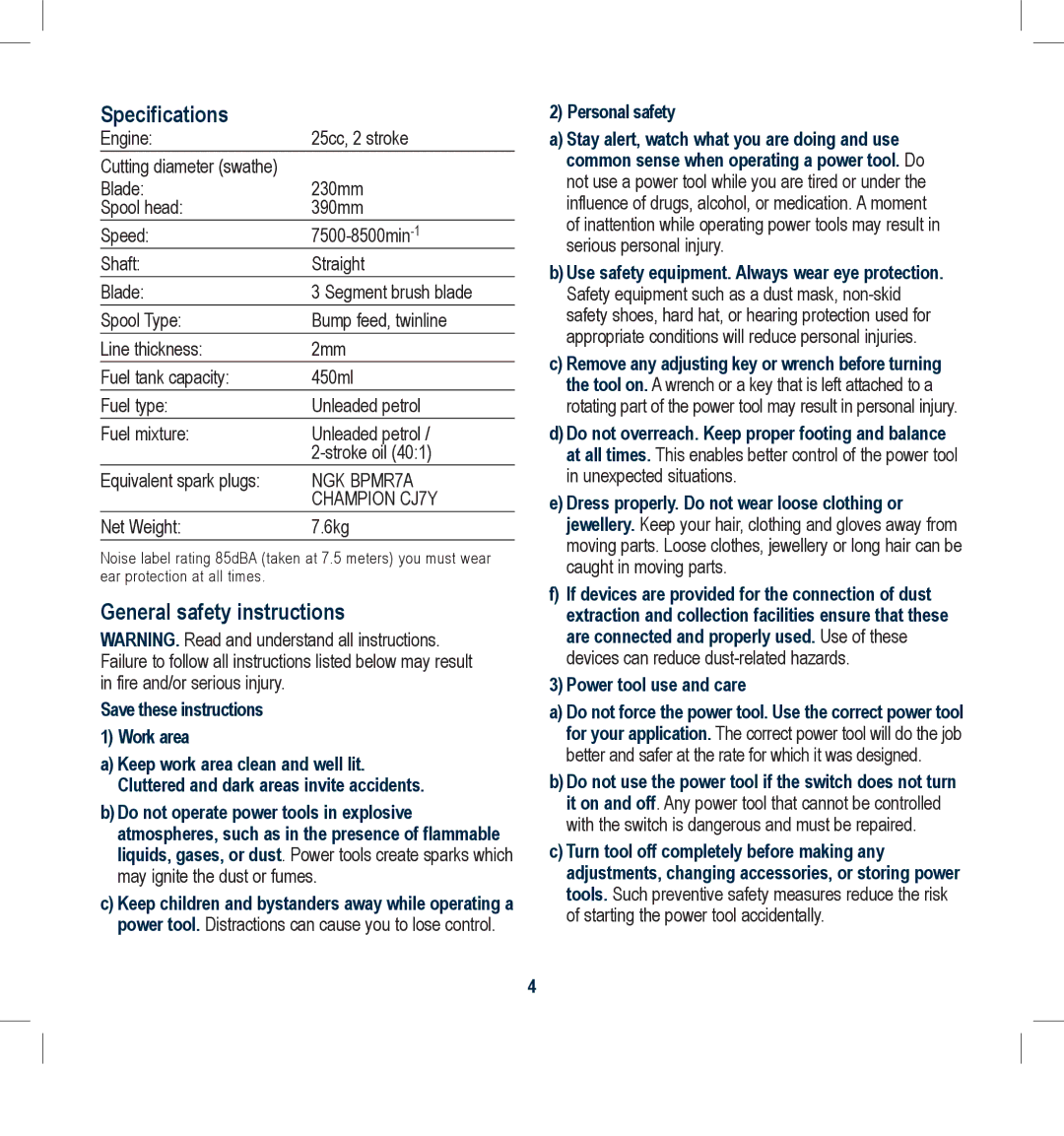 Global Machinery Company 25CC instruction manual Specifications, General safety instructions 