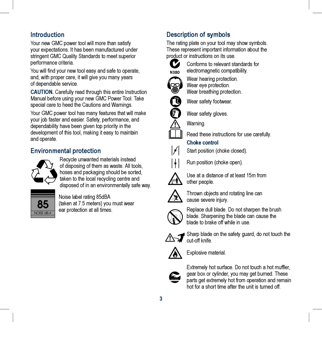 Global Machinery Company 25CC Introduction, Environmental protection, Description of symbols, Choke control 