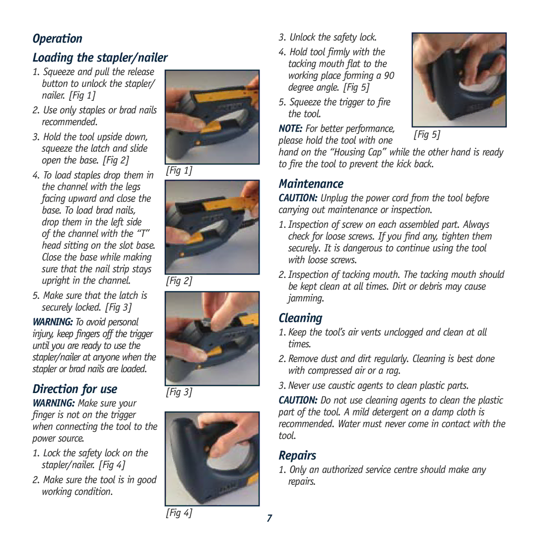 Global Machinery Company 300W Operation Loading the stapler/nailer, Direction for use, Maintenance, Cleaning, Repairs 
